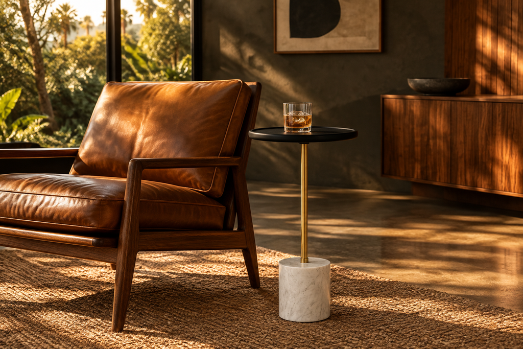 Turner drink table in a moody California Mid-Century Modern living room