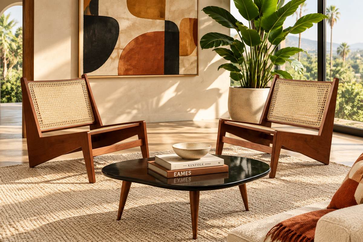 Two Como Lounge Chairs, coffee table with books and bowl only