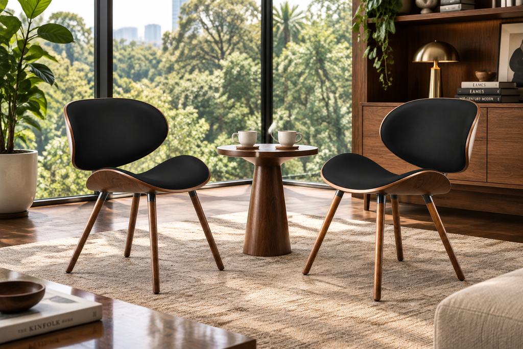 Two Marisal Accent Chairs facing each other with a side table and two coffee cups between them