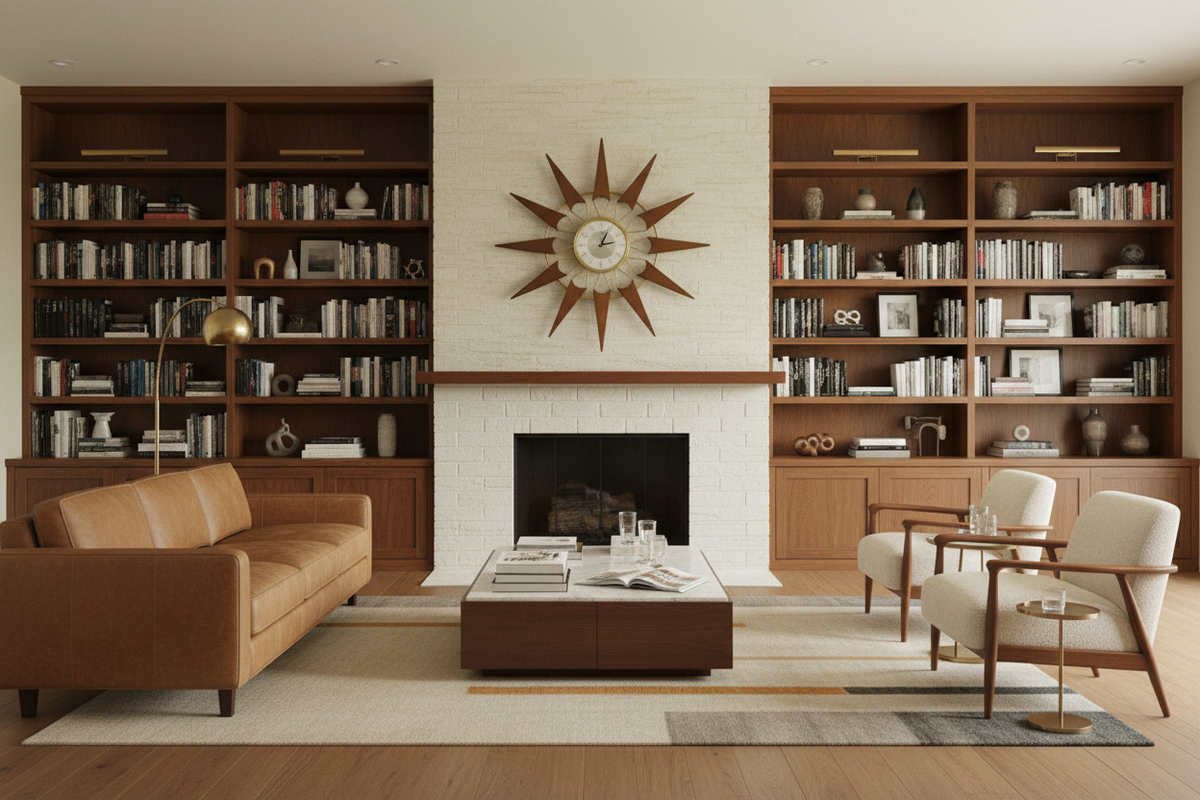 Upscale MCM living room with floor-to-ceiling stone fireplace and built-in bookshelves