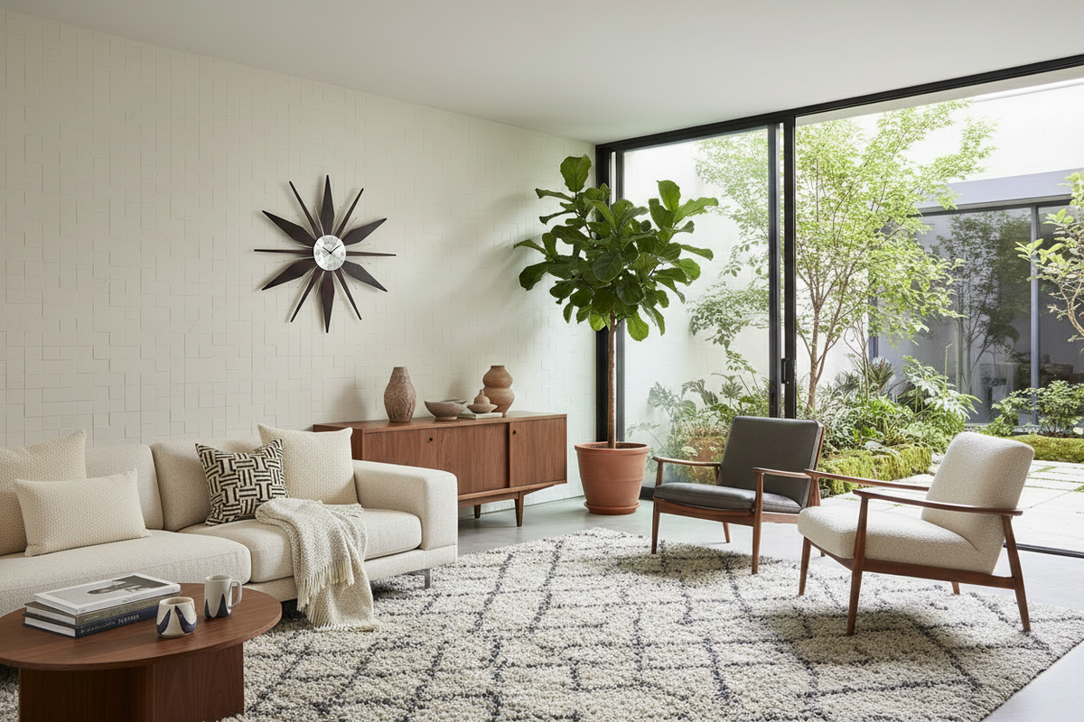 Utopia Satellite clock in a layered living room with refined mid-century-modern pillows