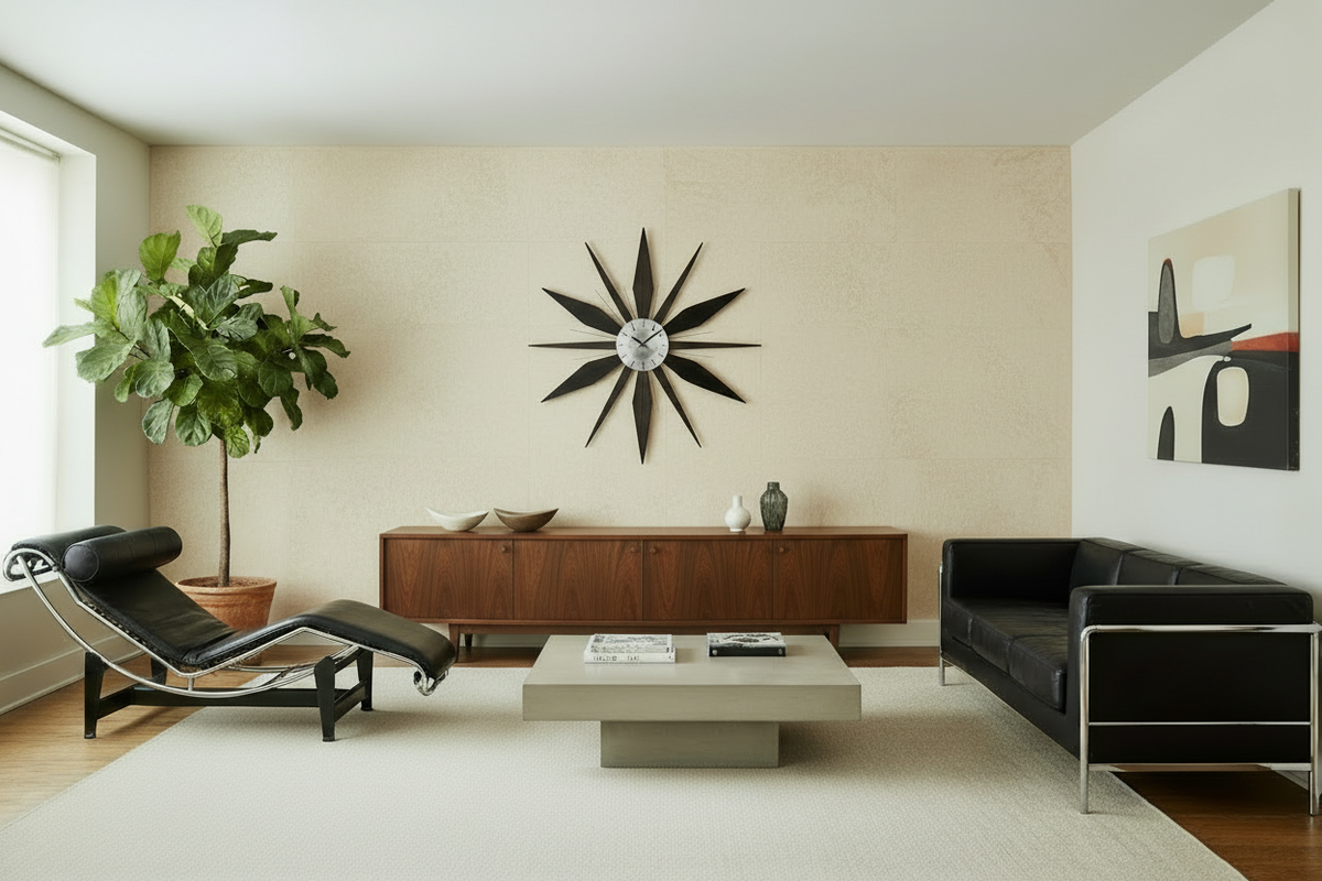 Utopia Satellite clock on clear wall space beside abstract art in a warm modernist room