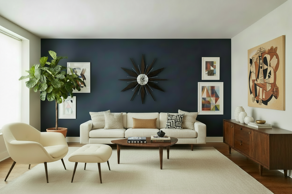 Utopia Satellite clock room with crisp coffee-table details and earth-tone cubist art