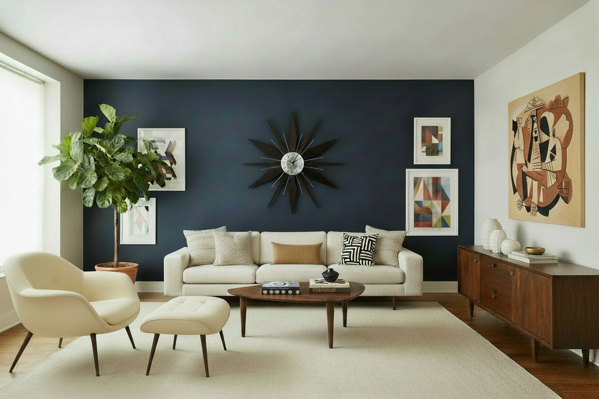 Utopia Satellite clock room with crisp coffee-table details and earth-tone cubist art